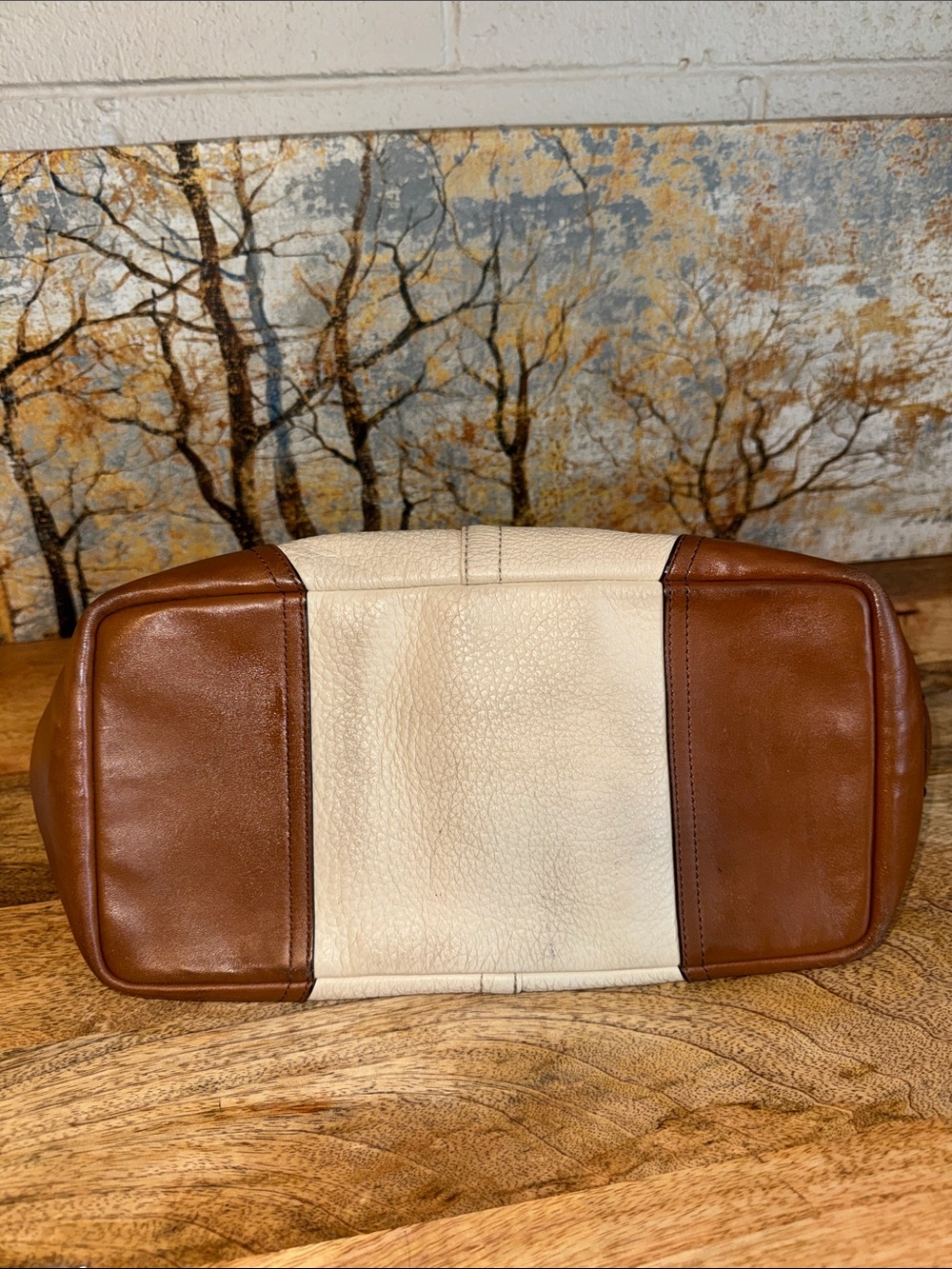 Cream and Brown Coach Pebble Leather Tote Bag - Classic Women's Handbag - Picture 9 of 15